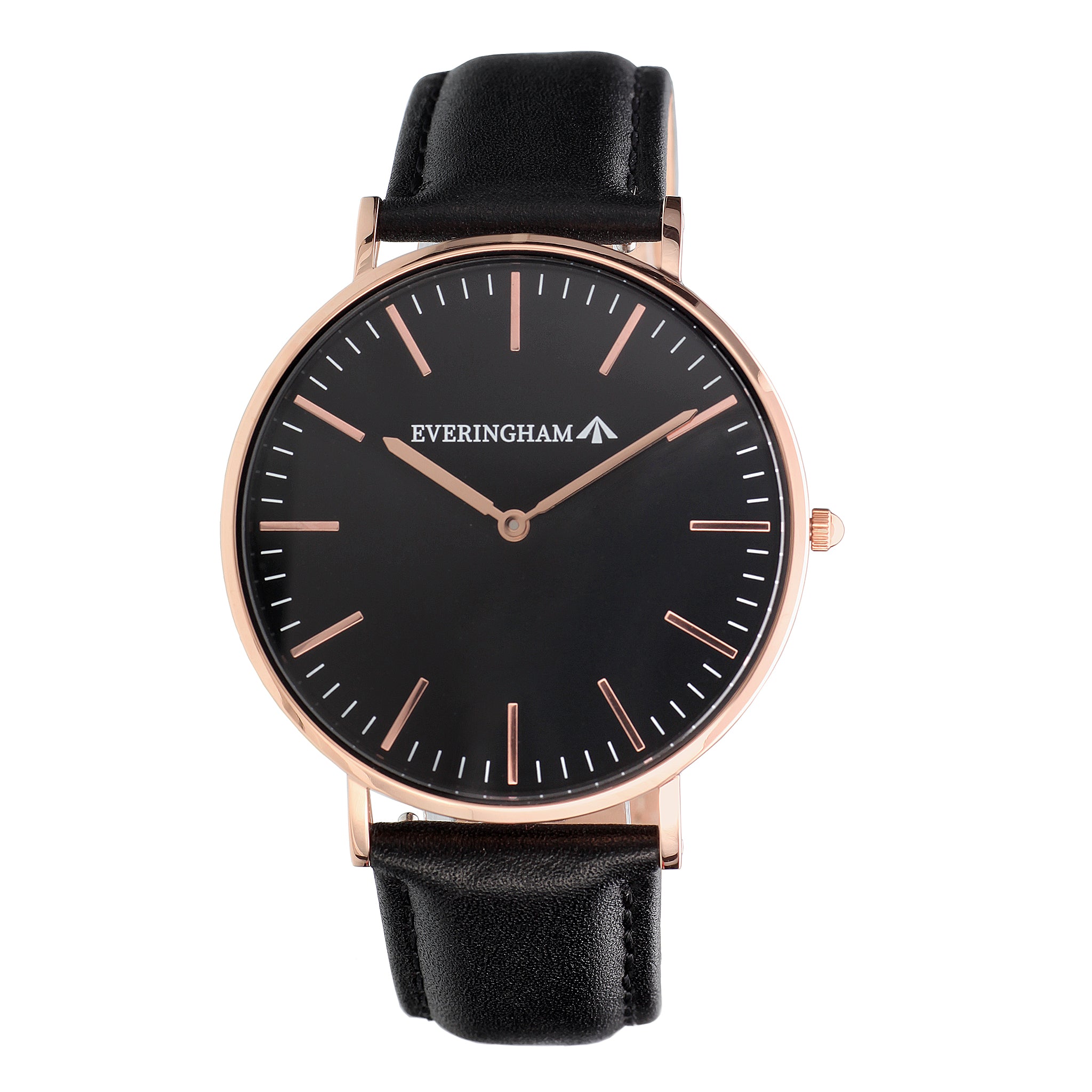 Men's Watches - Rose-Gold Case & Black Dial With Black Leather Band